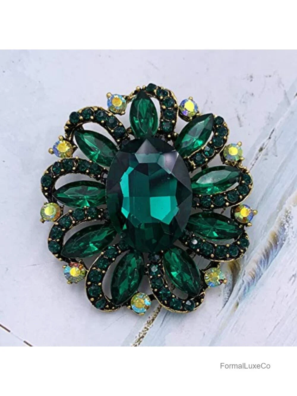 Flower Rhinestone Statement Brooch Pin Antique Gold Tone Alloy Crystal